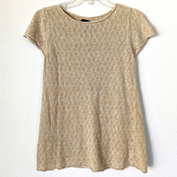 Eileen Fisher Tops - Eileen Fisher Linen Yellow/Tan Open Knit Capped Sleeve T- Shirt Top Size PS